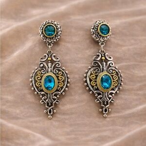 Vintage Silver Blue Crystal Gold Filigree Earrings